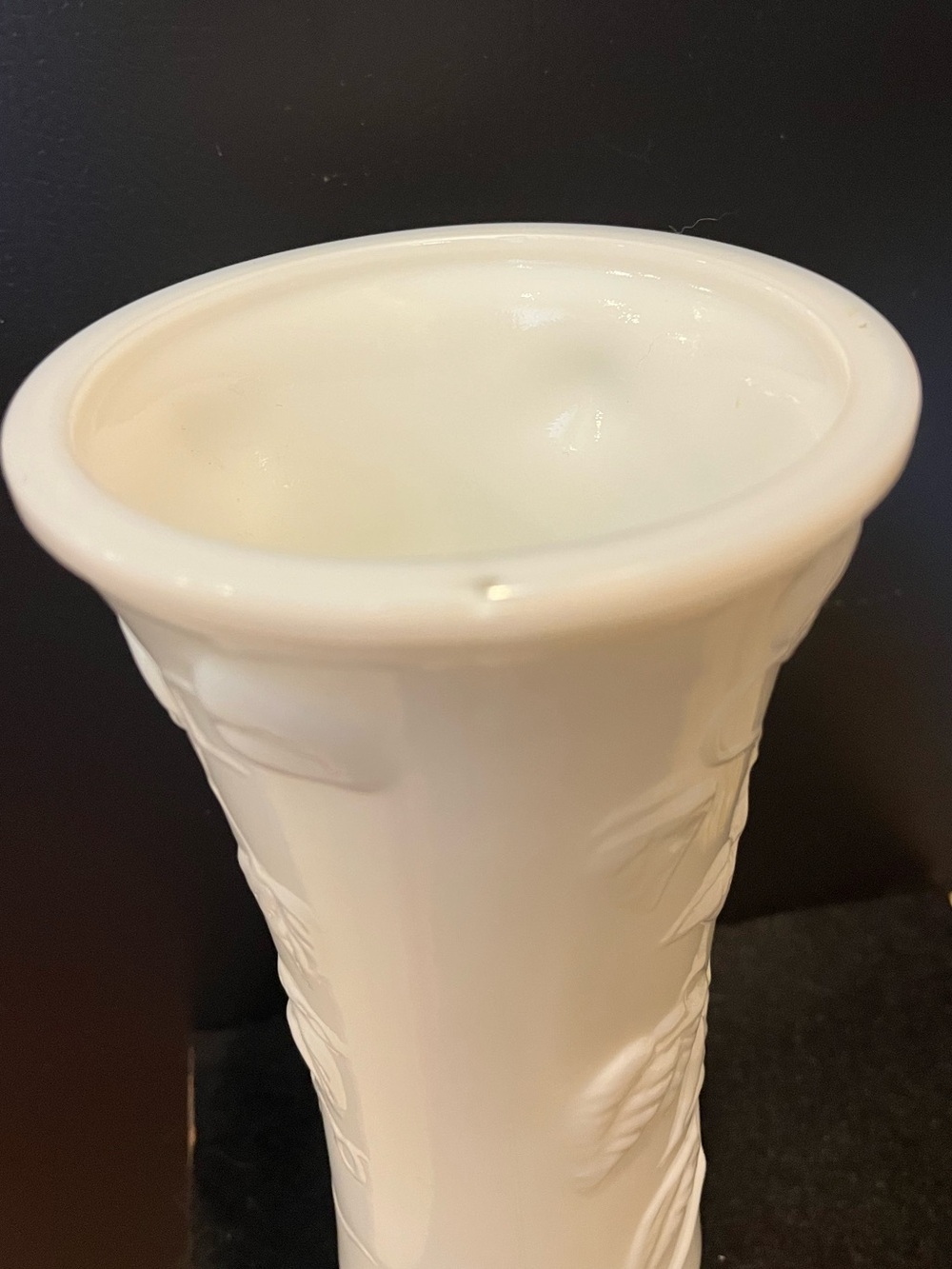 Classic White Embossed Milk Glass Vase Ivy Leaf Pattern - Picture 7 of 15